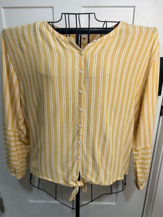 American Eagle Outfitters Tops - American Eagle Yellow Striped Tie-Front Button Down Shirt Size XL